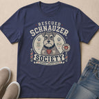 Navy t-shirt with rescued Schnauzer graphic and "Society Bearded, Adopted, Loved" text.