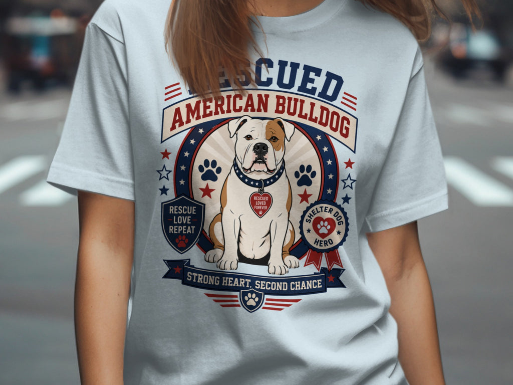 Rescued American Bulldog with text "Rescue Love Repeat" and "Shelter Dog Hero".