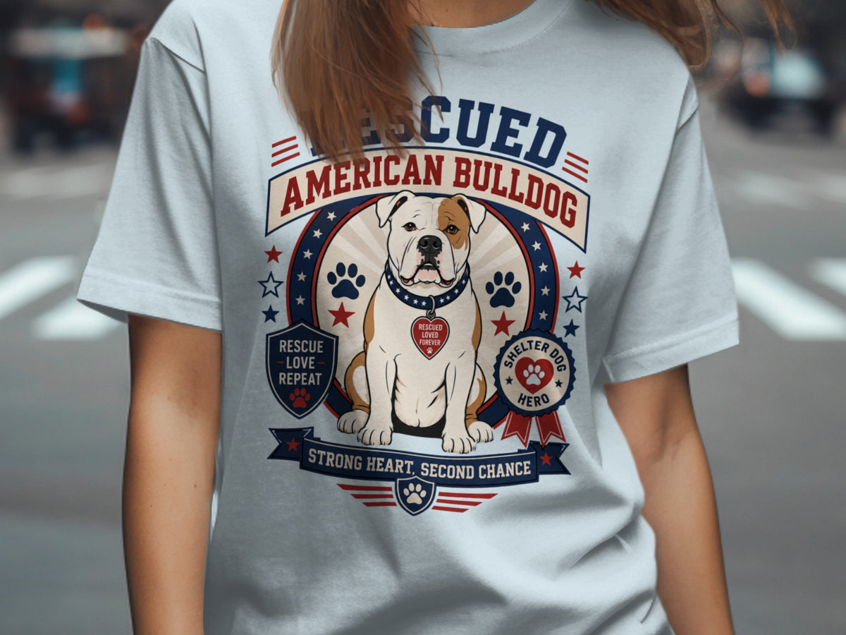 Rescued American Bulldog with text "Rescue Love Repeat" and "Shelter Dog Hero".