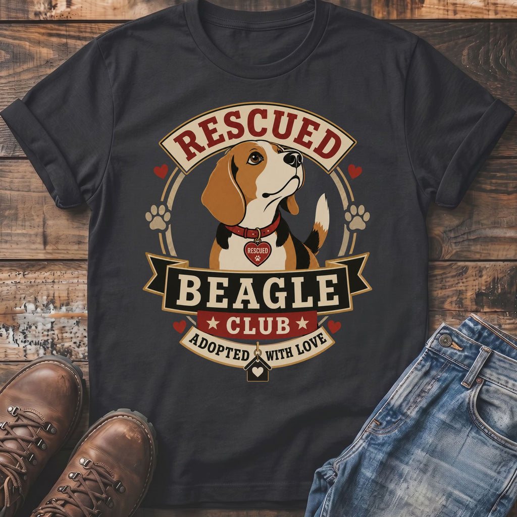 Beagle Club t-shirt with rescued beagle, adoption graphic, and text.