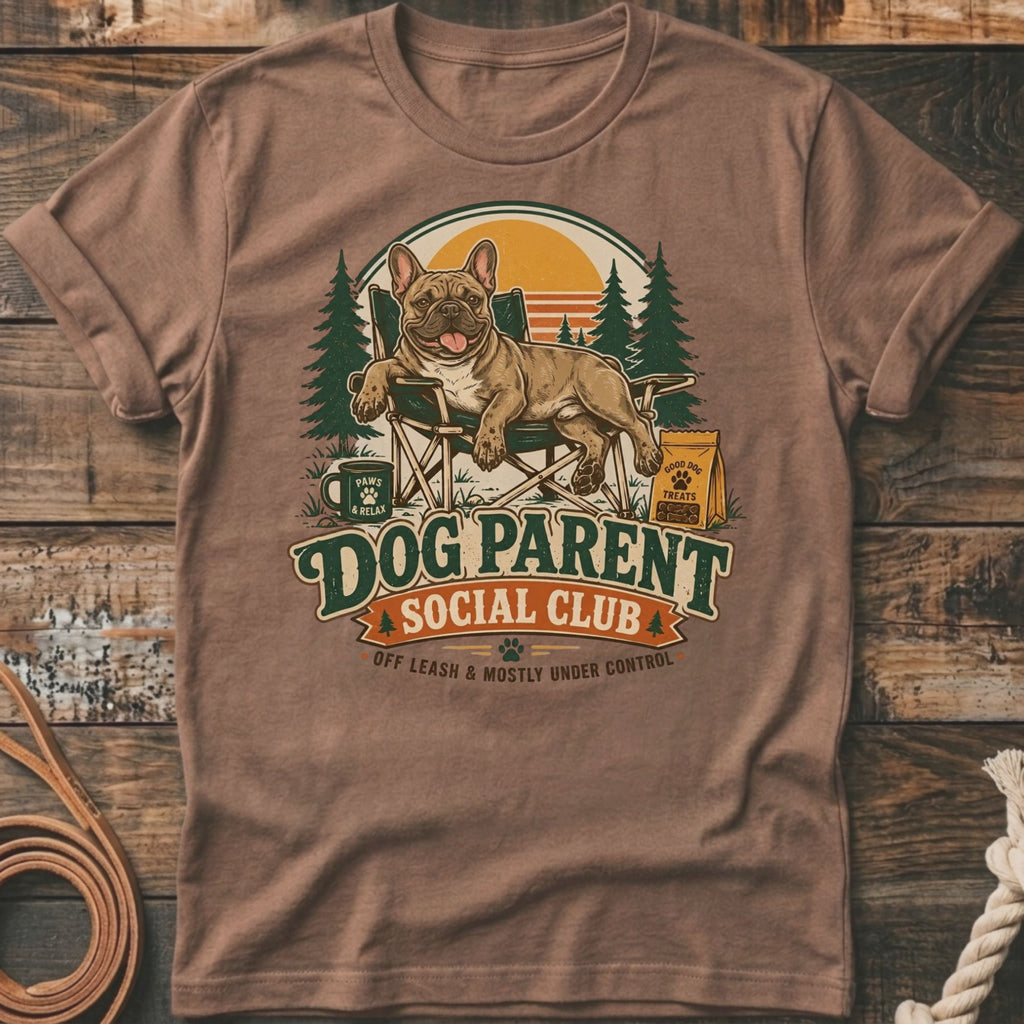 French Bulldog in camping chair with "Dog Parent Social Club" text.