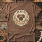 Brown t-shirt with a Great Dane graphic that reads "I RESCUED MY BEST FRIEND".