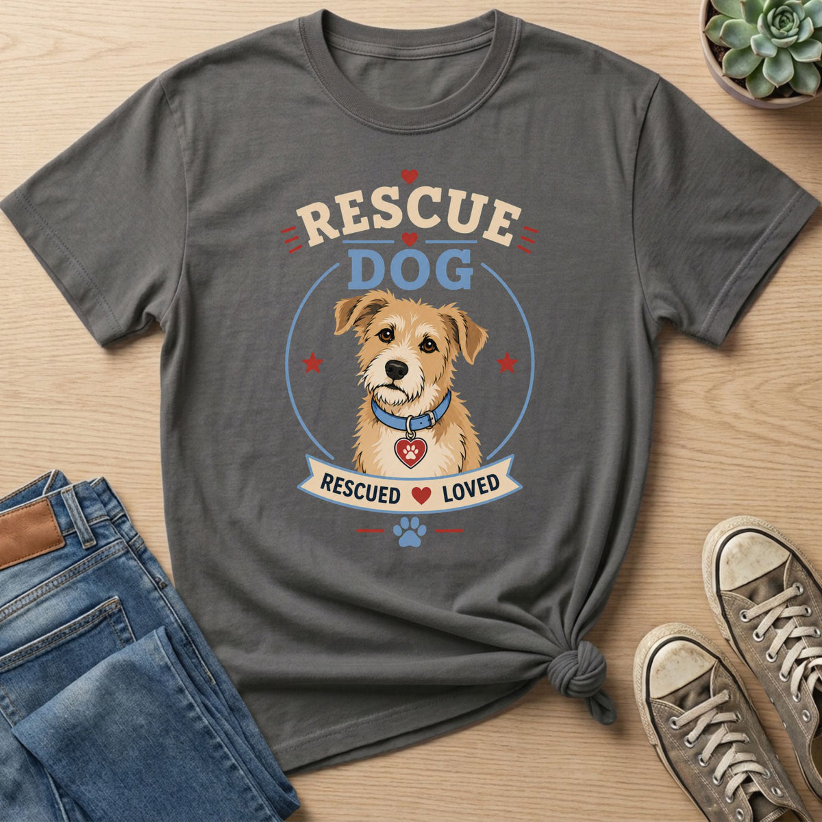 Grey t-shirt with "Rescue Dog" text and dog illustration, "Rescued Loved" banner.