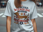 White t-shirt with rescued wiener dog society graphic and "Long body, longer love" text.