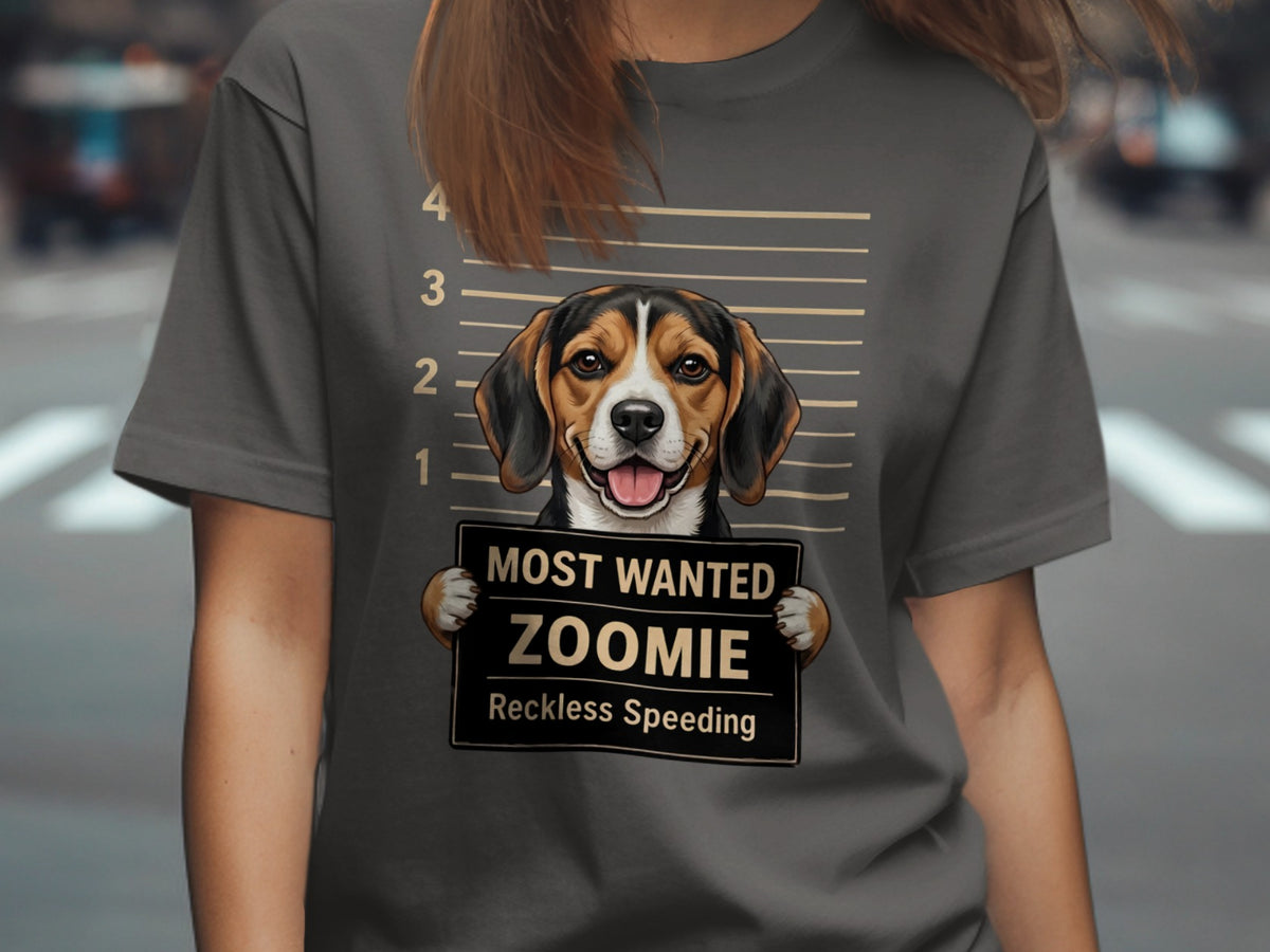 Beagle mugshot graphic with text MOST WANTED ZOOMIE Reckless Speeding.