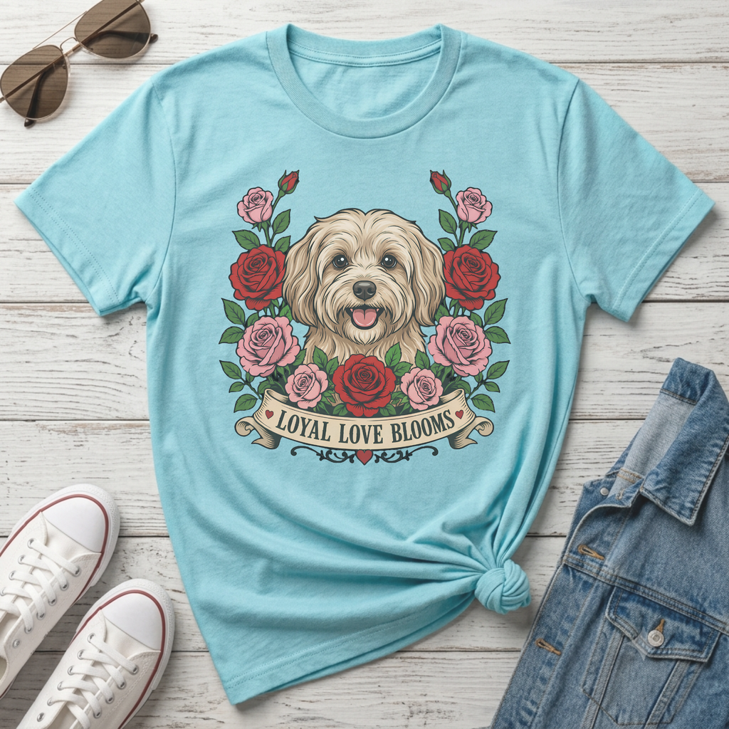 Light blue t-shirt with dog, roses, and banner reading "LOYAL LOVE BLOOMS".