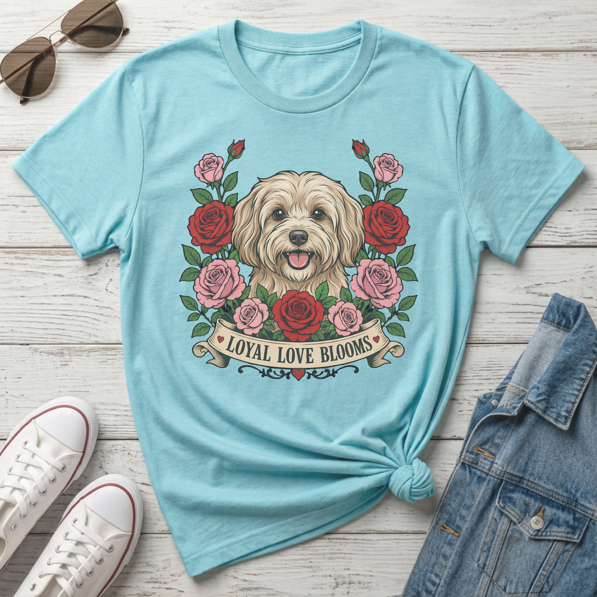 Light blue t-shirt with dog, roses, and banner reading "LOYAL LOVE BLOOMS".