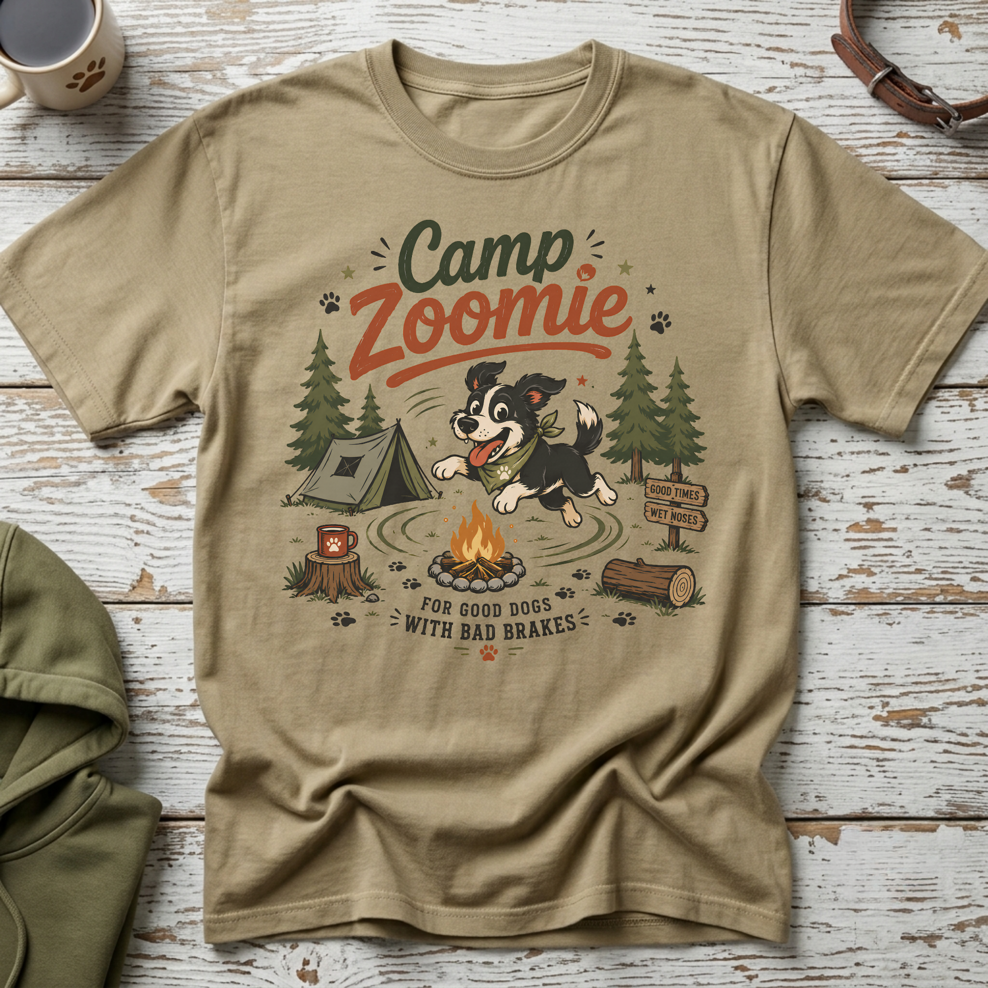 T-shirt graphic: "Camp Zoomie" with dog, tent, campfire, and text "For Good Dogs With Bad Brakes".