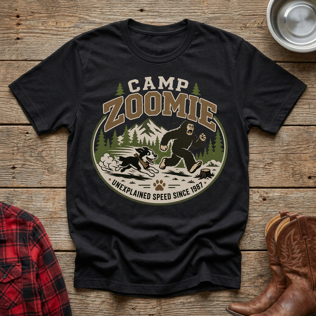 Black t-shirt with "Camp Zoomie" graphic of Bigfoot chasing a dog with text "Unexplained Speed Since 1987".