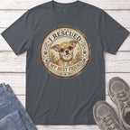 Dark gray t-shirt with a circular graphic featuring a chihuahua and text reading "I Rescued My Best Friend".