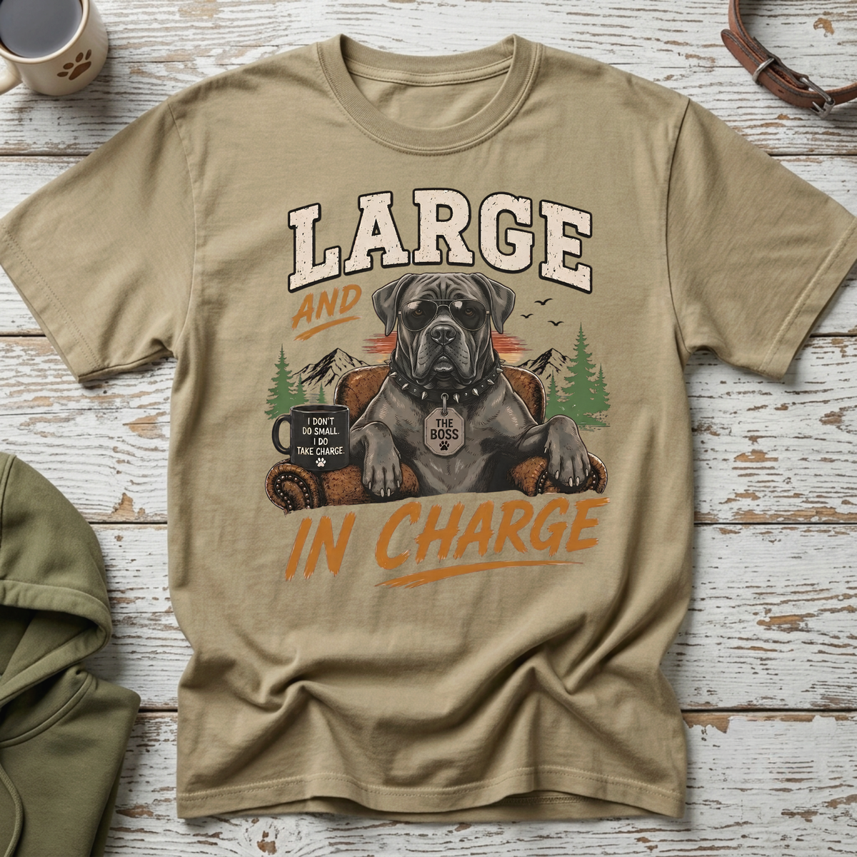 Large dog with sunglasses, sitting in a chair, text says "Large and in charge".
