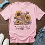 Pink t-shirt with a Yorkshire terrier and sunflowers, reading "You Are My Sunshine Pup".