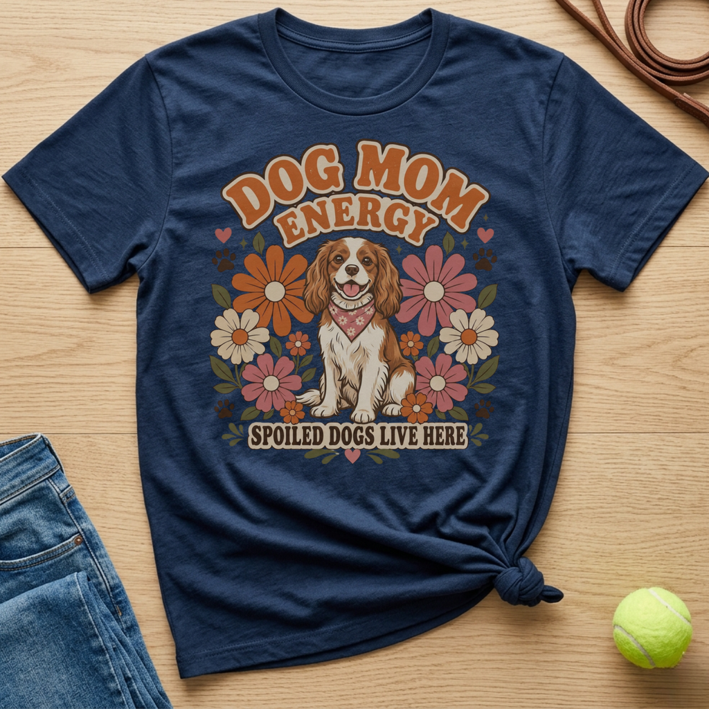 Navy t-shirt with a dog, flowers, and text "Dog Mom Energy Spoiled Dogs Live Here".