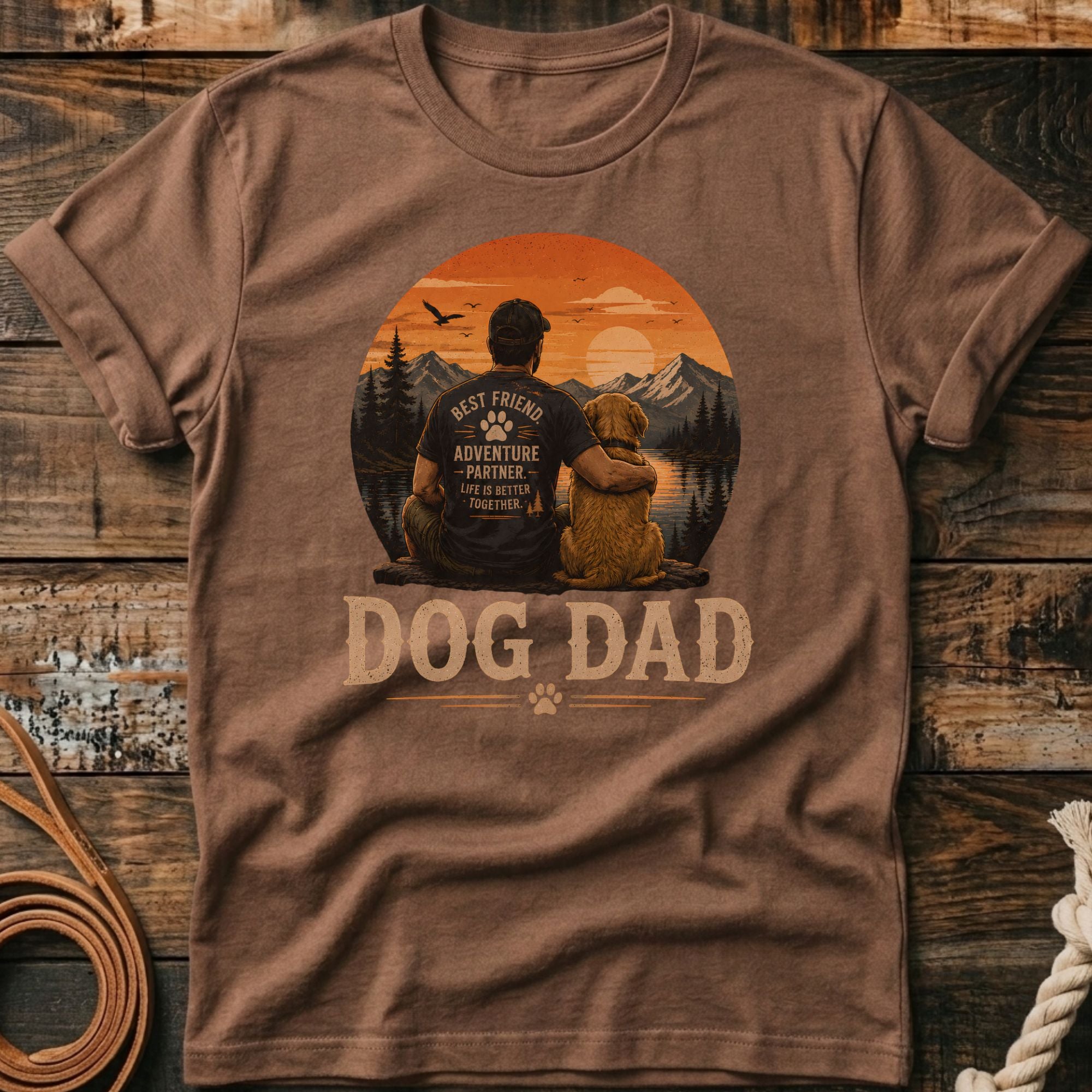 Brown t-shirt with "Dog Dad" text and illustration of man and dog at sunset.