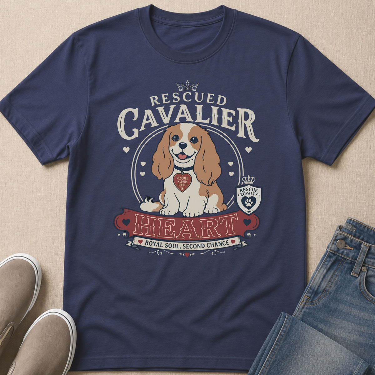 Navy t-shirt with Cavalier King Charles Spaniel graphic and text.