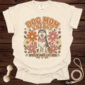 T-shirt with husky graphic, "Dog Mom Energy" text, and flowers.
