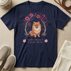 Navy t-shirt with a Pomeranian dog under a floral arch and text "Soft Heart Loyal Soul".