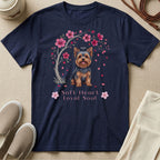 Navy t-shirt with a Yorkshire Terrier and cherry blossoms graphic.