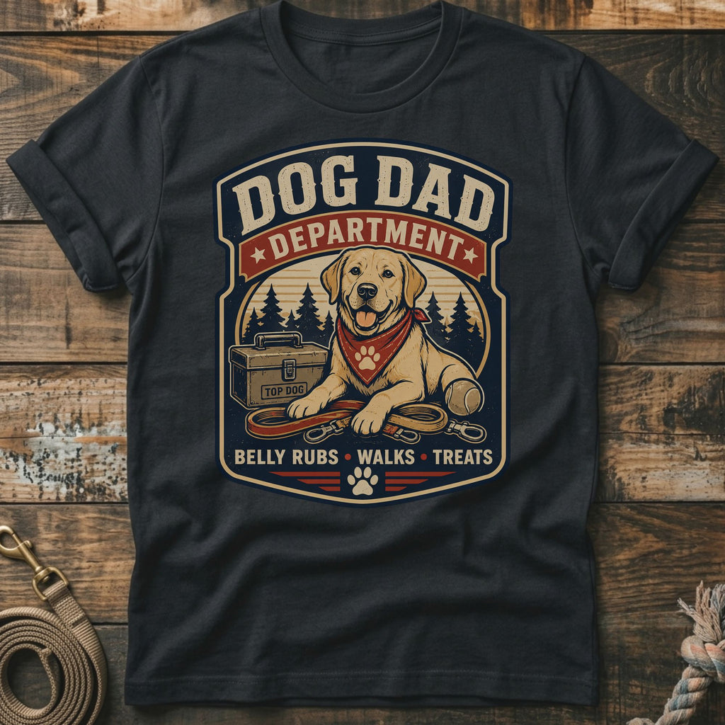 Dog Dad Department design with a Labrador, leash, treat box, and tennis ball.