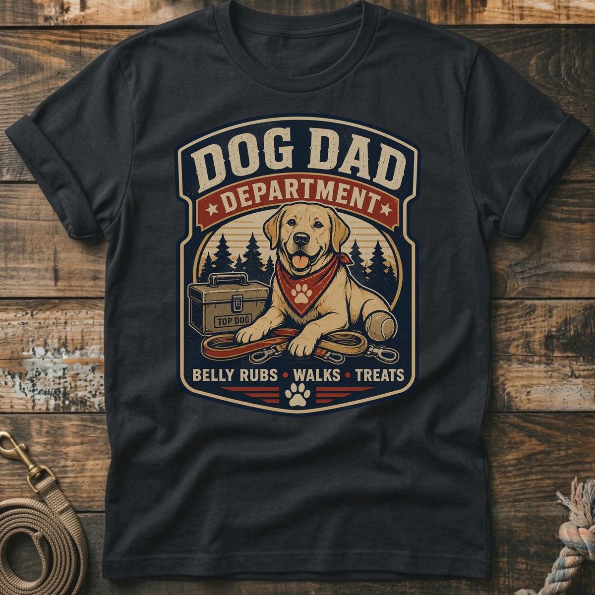 Dog Dad Department design with a Labrador, leash, treat box, and tennis ball.