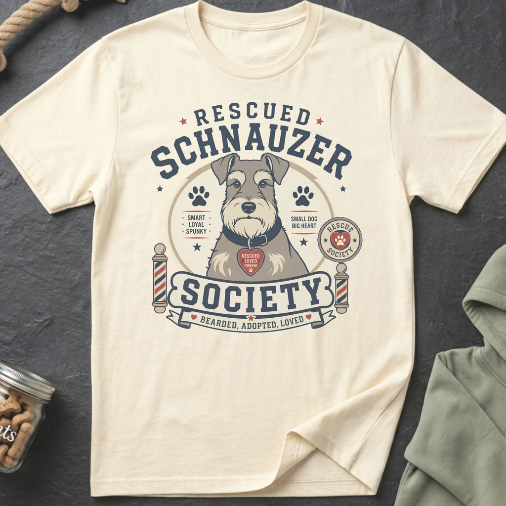 T-shirt with rescued schnauzer graphic and text "Rescued Schnauzer Society".