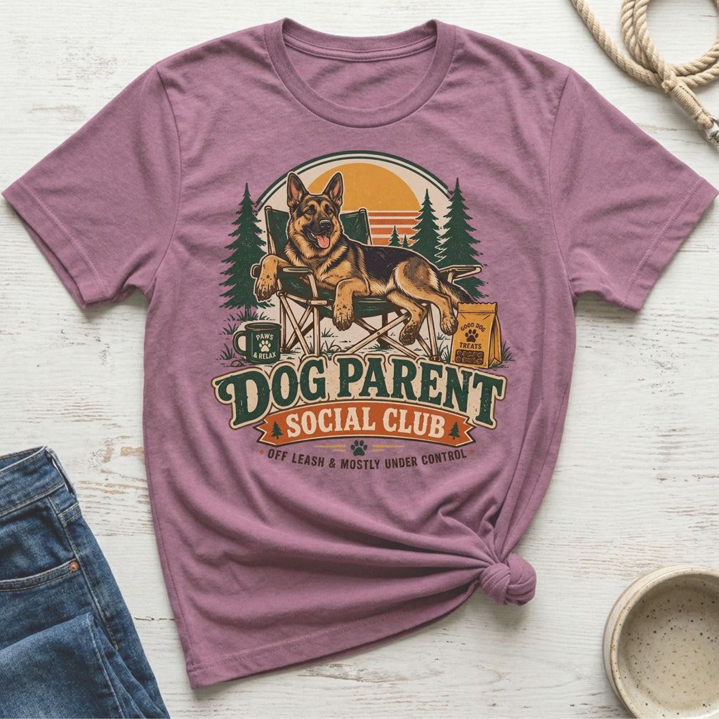 German Shepherd on camping chair with "Dog Parent Social Club" text and paw print.