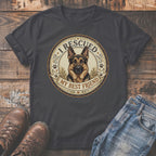 Dark grey t-shirt with German Shepherd portrait and "I RESCUED MY BEST FRIEND" text.