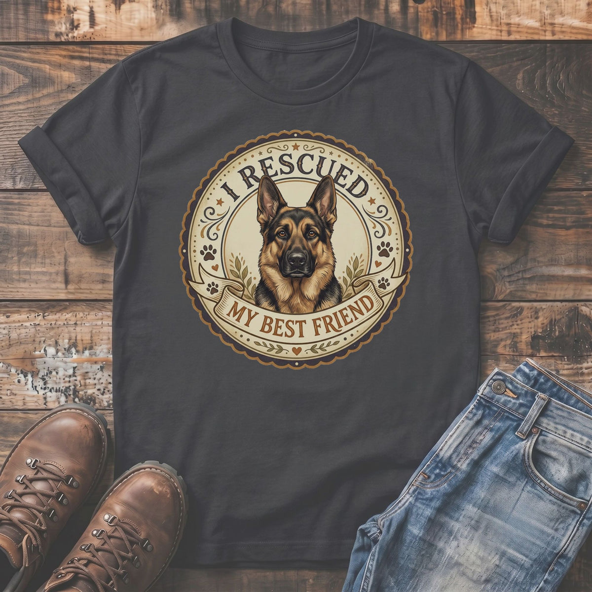 Dark grey t-shirt with German Shepherd portrait and "I RESCUED MY BEST FRIEND" text.