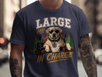 Dog wearing sunglasses and "The Boss" tag, with text "Large and in Charge".