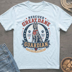 Rescued Great Dane Guardian graphic on white t-shirt with paw prints and hearts.