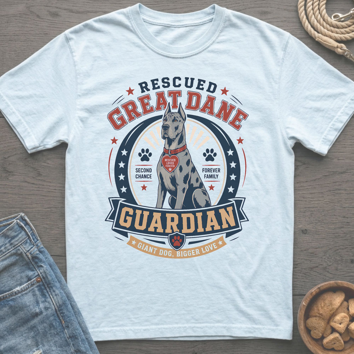 Rescued Great Dane Guardian graphic on white t-shirt with paw prints and hearts.