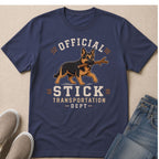 German Shepherd running with stick, text "Official Stick Transportation Dept".