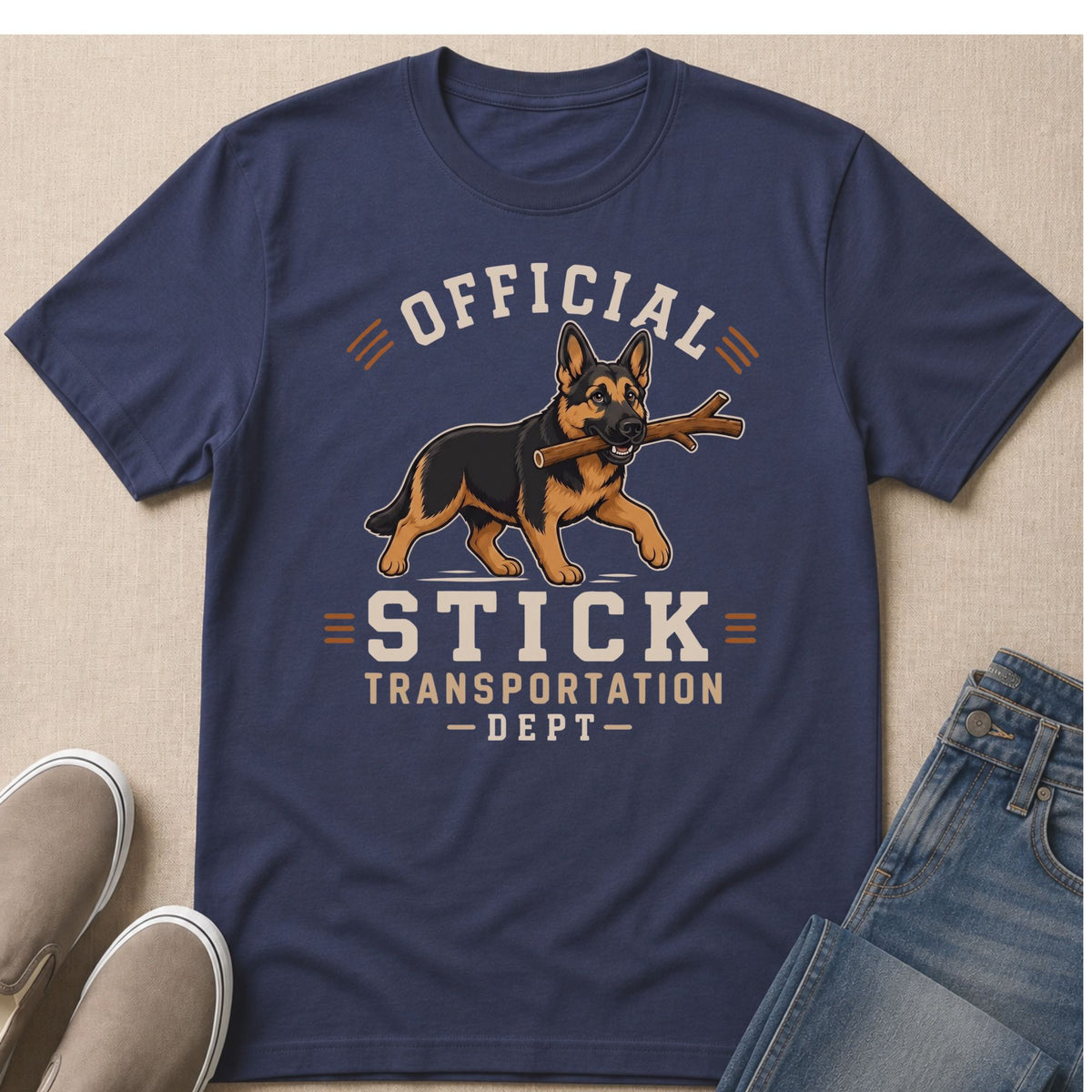 German Shepherd running with stick, text "Official Stick Transportation Dept".