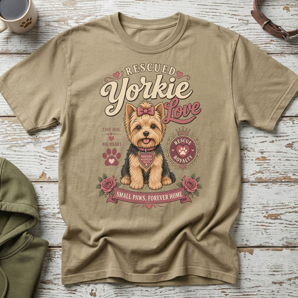 Rescued Yorkie Love t-shirt with a dog, roses, and text "Small Paws, Forever Home."