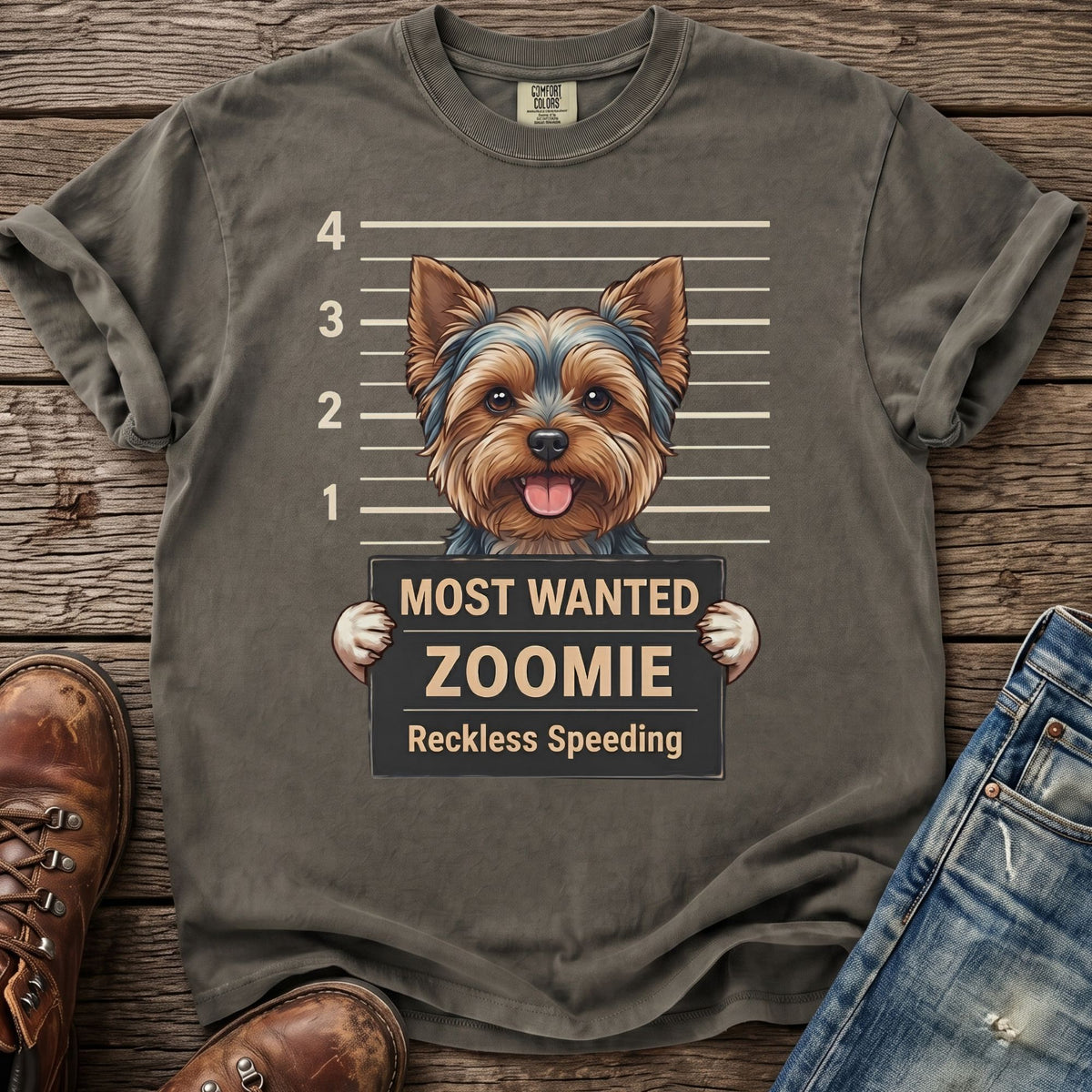 Yorkshire Terrier in mugshot with "Most Wanted Zoomie" sign reading "Reckless Speeding."
