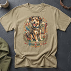 T-shirt featuring a cheerful dog illustration surrounded by flowers and hearts.