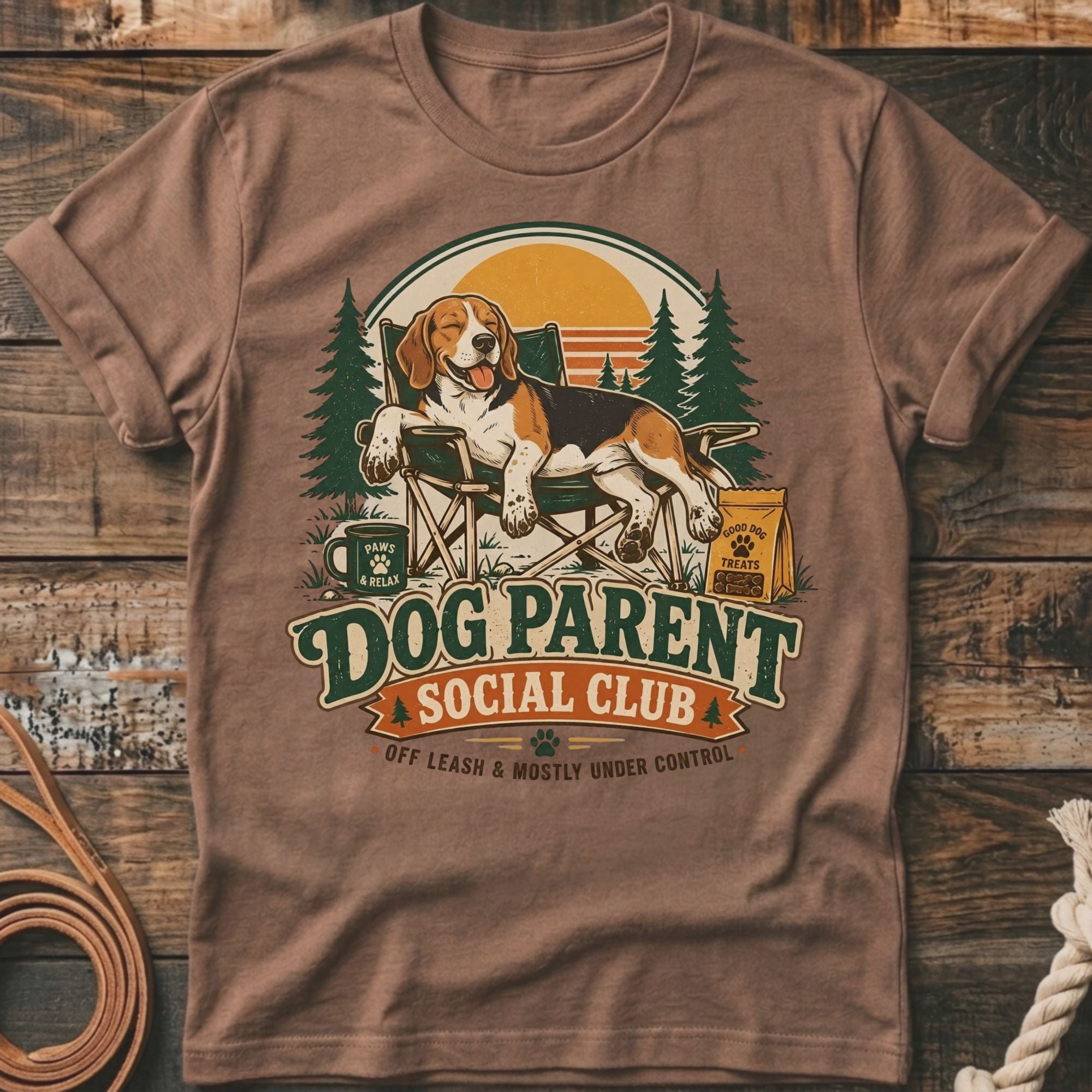 Beagle relaxing in camping chair with text "Dog Parent Social Club."