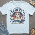 Light blue t-shirt with "Rescued Shih Tzu Sweetheart Adopted Lap Dog Love" graphic.