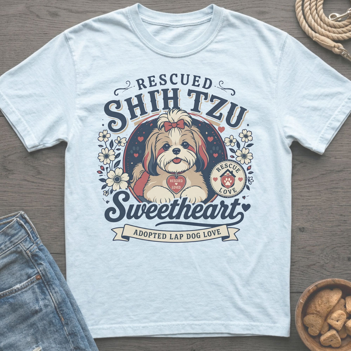 Light blue t-shirt with "Rescued Shih Tzu Sweetheart Adopted Lap Dog Love" graphic.