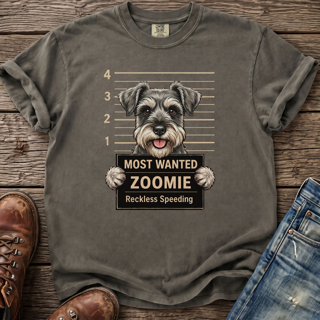 Grey t-shirt with a schnauzer mugshot graphic: MOST WANTED ZOOMIE, Reckless Speeding.