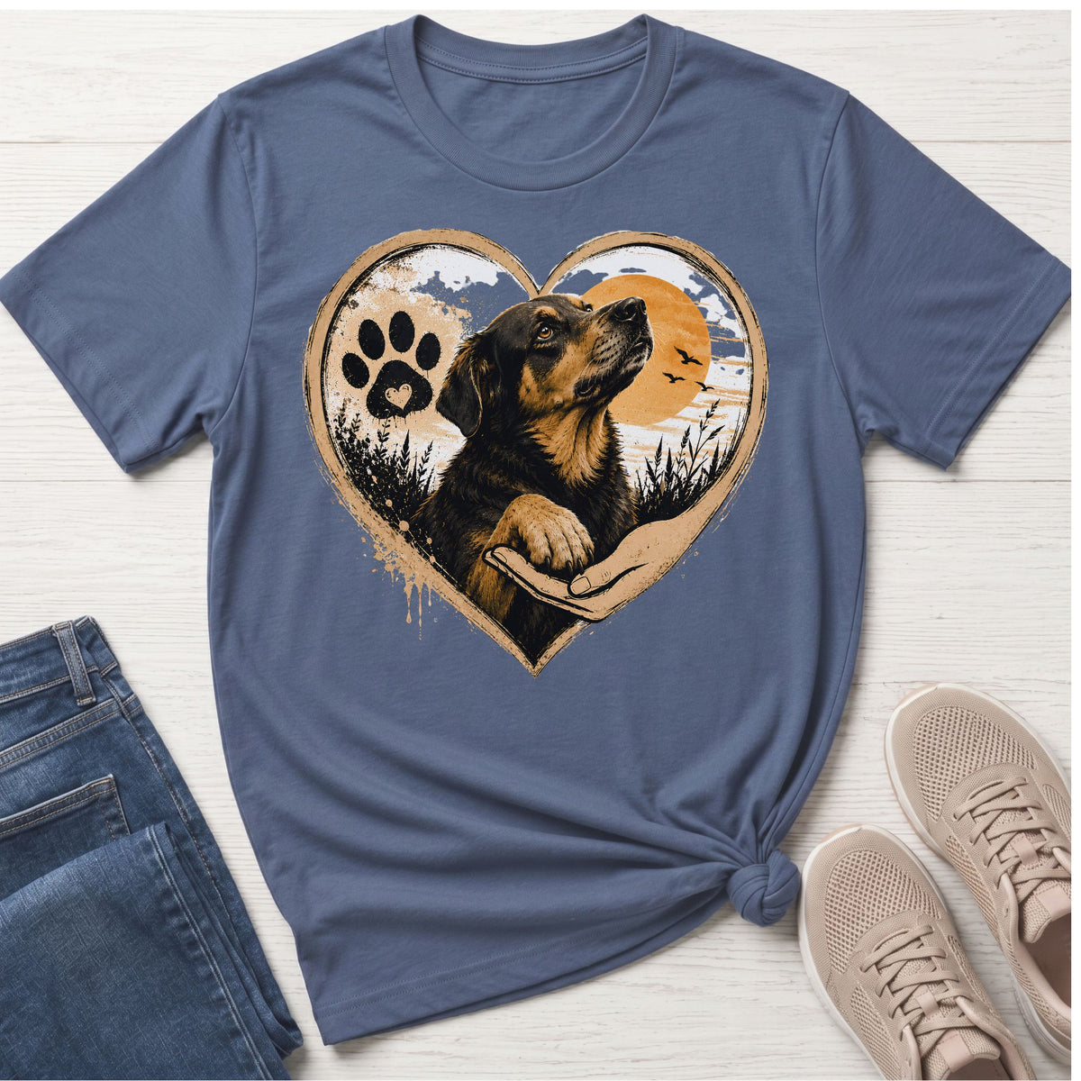 Dog looking up from a human hand inside a heart outline with paw print.