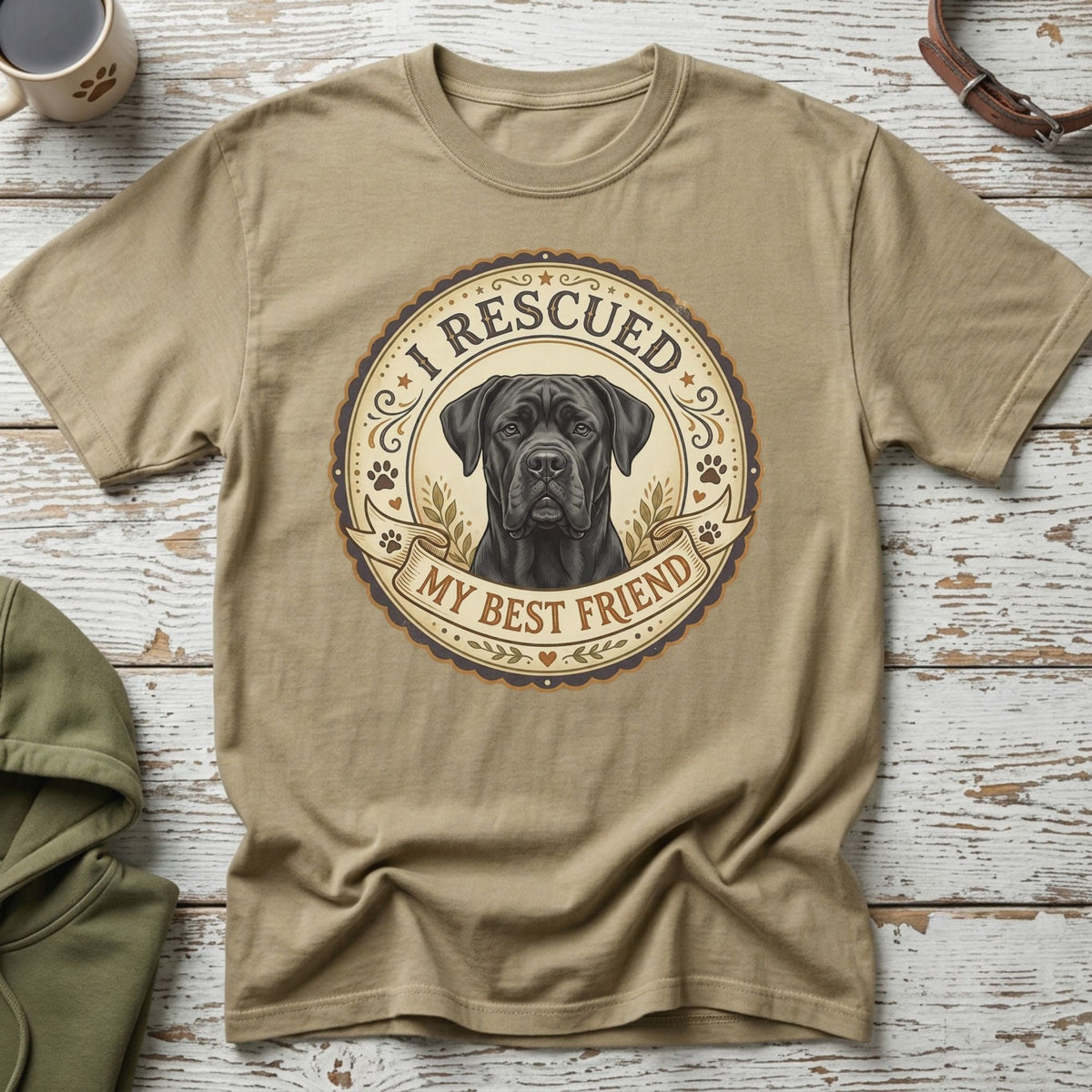 T-shirt with a black dog portrait and "I Rescued My Best Friend" text.