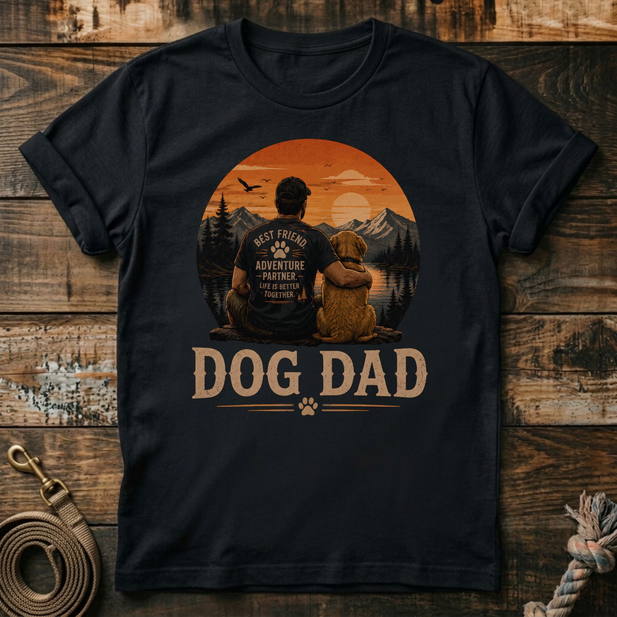 Black t-shirt with "DOG DAD" text and illustration of man and dog at sunset.