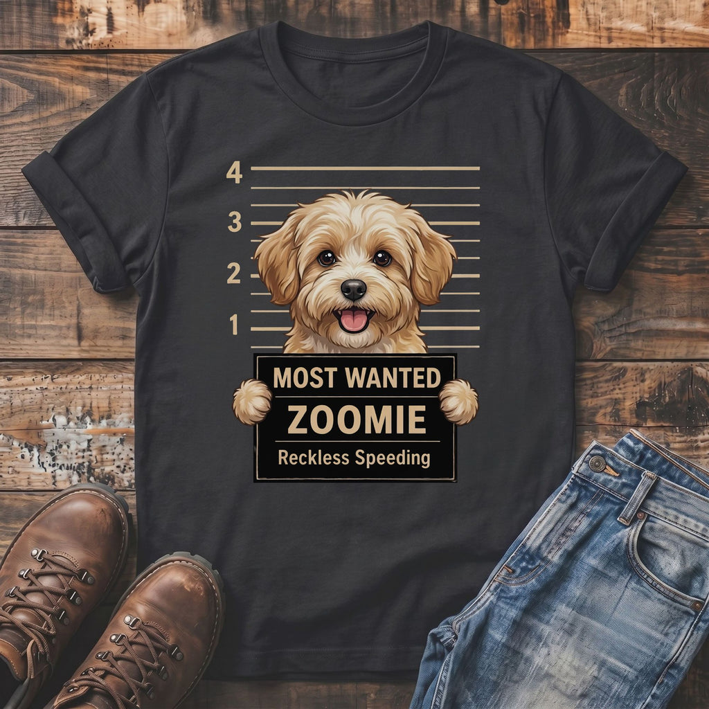 Dark t-shirt with a goldendoodle mugshot graphic reading "Most Wanted Zoomie Reckless Speeding."