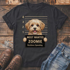 Dark t-shirt with a goldendoodle mugshot graphic reading "Most Wanted Zoomie Reckless Speeding."