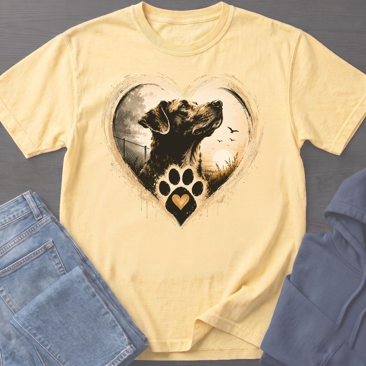 Yellow t-shirt with a heart graphic featuring a dog and a paw print.