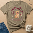 Golden Retriever puppy design with cherry blossoms and text "Soft Heart Loyal Soul" on a khaki t-shirt.