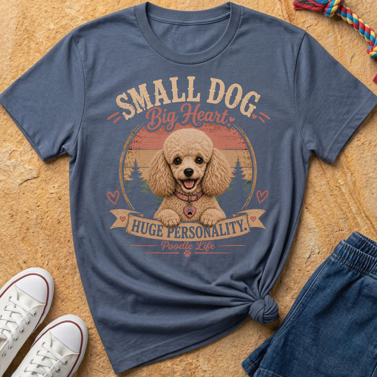 T-shirt with a poodle graphic and text "SMALL DOG Big Heart HUGE PERSONALITY. Poodle Life".