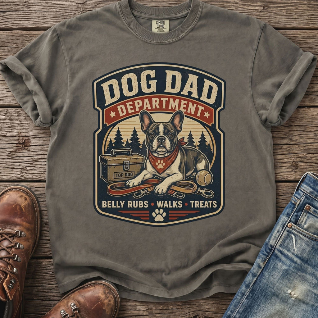 Dog Dad Department graphic on a grey t-shirt with French bulldog, leash, and treats.
