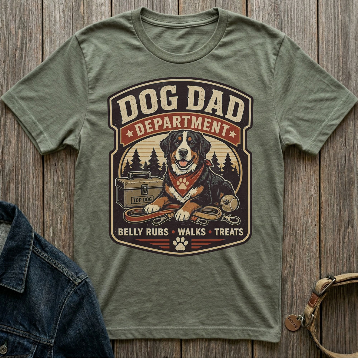 Green t-shirt graphic with a Bernese Mountain Dog and text "DOG DAD DEPARTMENT".